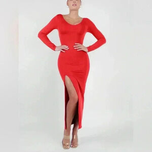 POPILUSH Shapewear Long Sleeve V-Neck Low Back Slimming Maxi Dress Holiday Red